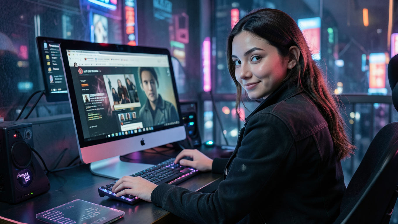 cool woman infront of computer… posting on social media is a must to get sales and leads cool woman infront of computer... posting on social media is a must to get sales and leads